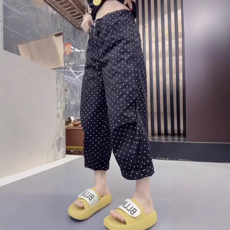 2025夏季薄款高腰显瘦直筒弯刀裤大码百搭波点印花休闲阔腿裤子女