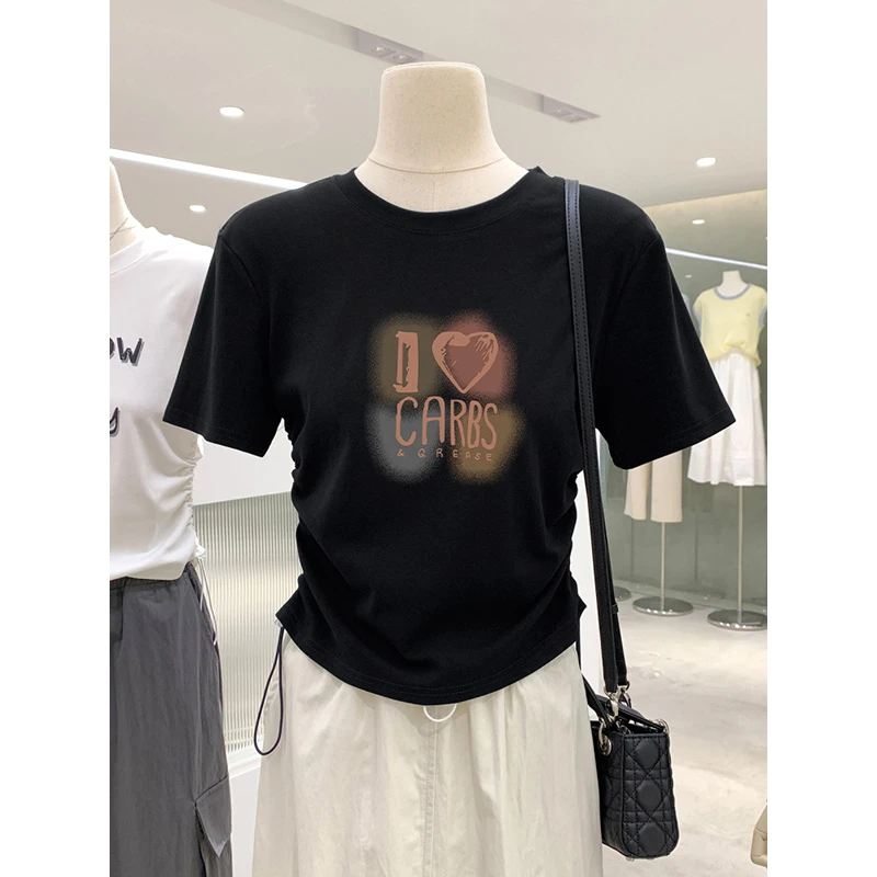 美式辣妹抽绳短袖t恤女夏季2025新款修身显瘦收腰小个子短款上衣