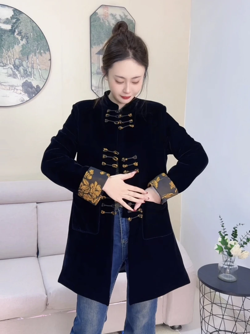 YL丝绒国风棉服加厚款网红复古中式民族风立领中国风提花时尚