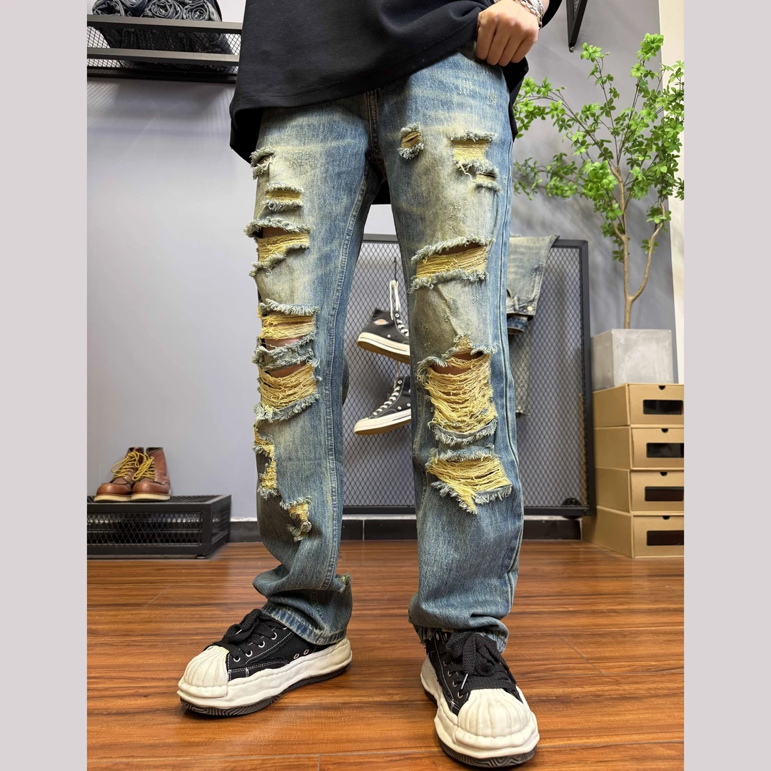潮款破洞夏季复古美式高街潮牌做旧黄泥色直筒牛仔裤男长裤8099