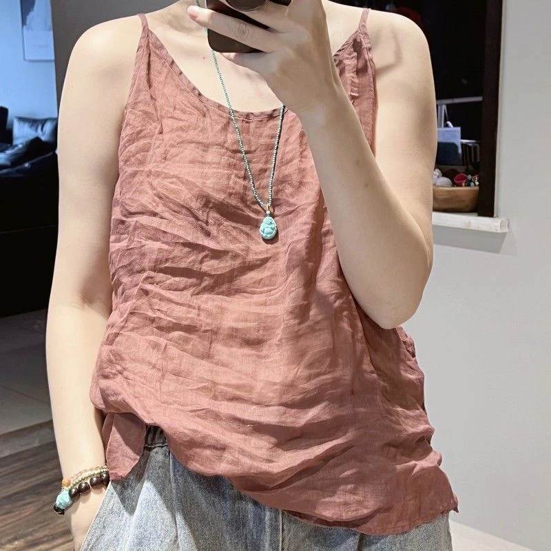 通勤复古港风棉麻吊带上衣女士宽松大码文艺休闲百搭纯色亚麻背心