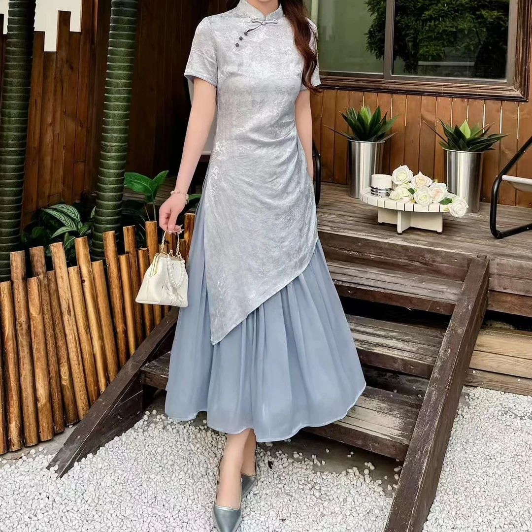 520/6612/142新中式提花连衣裙女不规则改良旗袍两件套