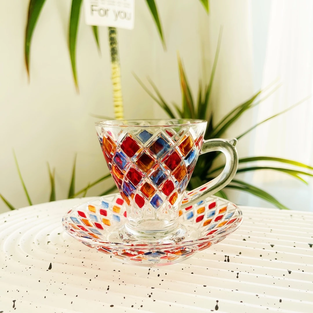 菱形彩绘咖啡杯带碟杯子彩色情侣款玻璃杯高级感