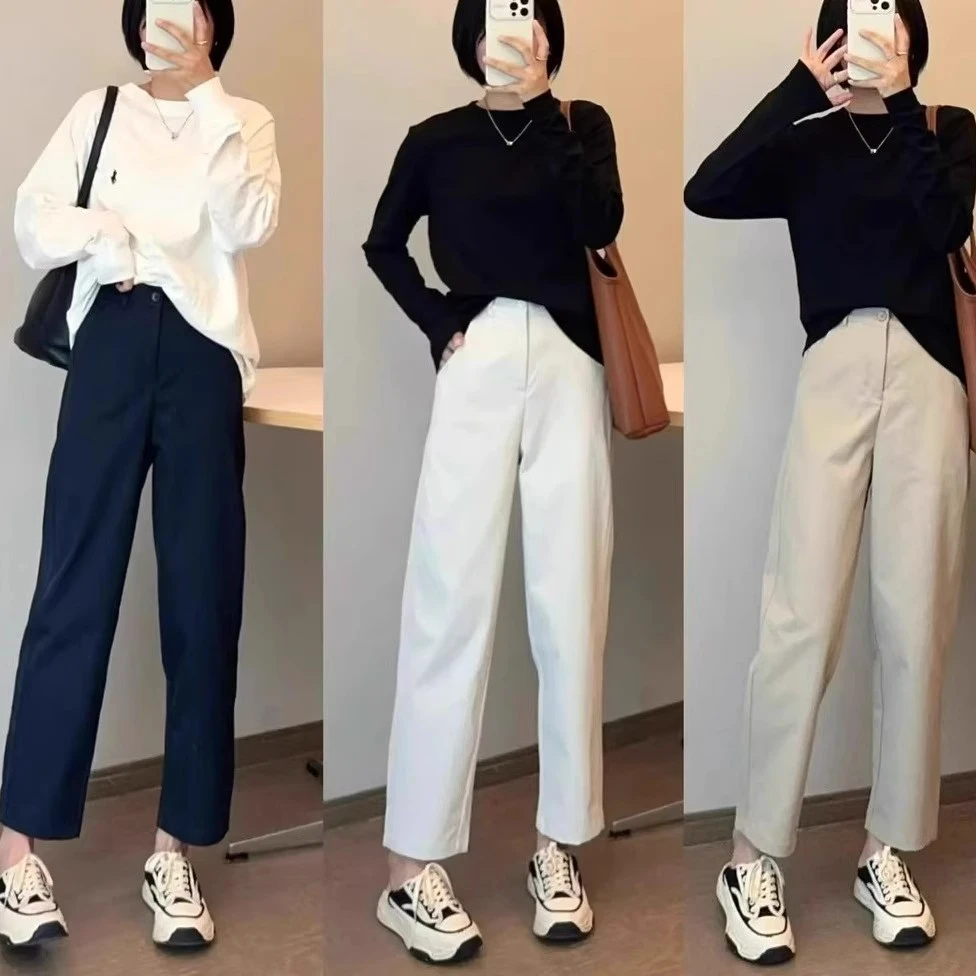 松紧高腰休闲工装裤女秋季新款宽松百搭窄版直筒裤九分哈伦烟管裤