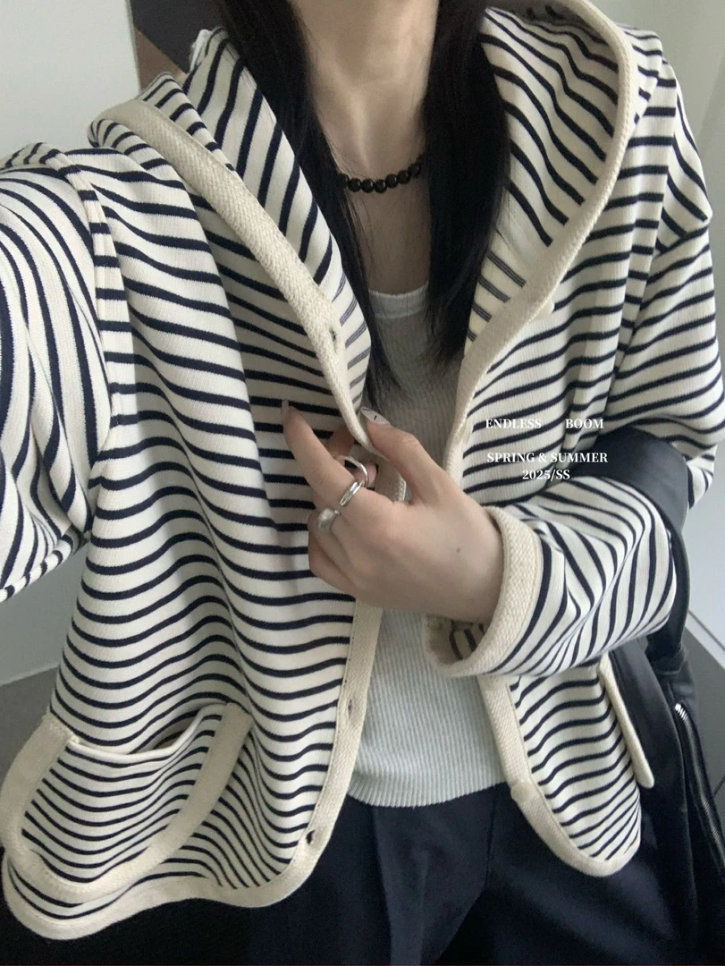 1987【2025早春新款】长袖时尚休闲针织宽松条纹春秋韩版连帽外套