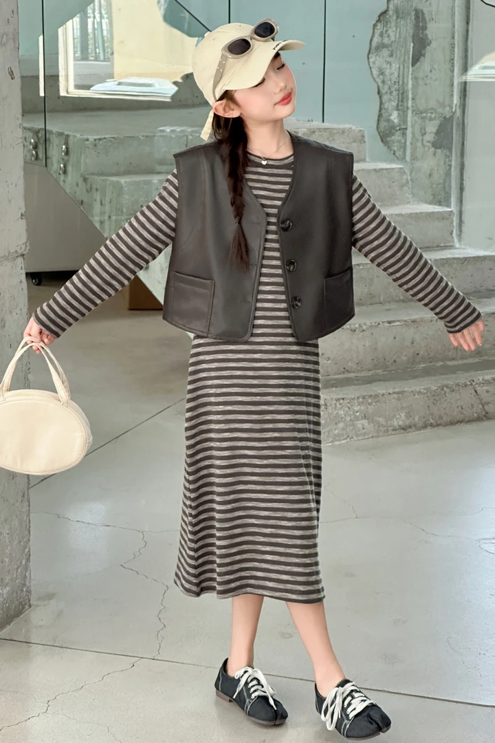 女童连衣裙春装新款中大童条纹长袖连衣裙马甲两件套女孩洋气韩版