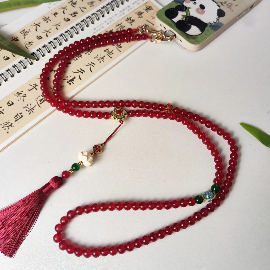 手机斜挎挂绳链条新中式国风长款精致高级感可背带小花串珠链挂件