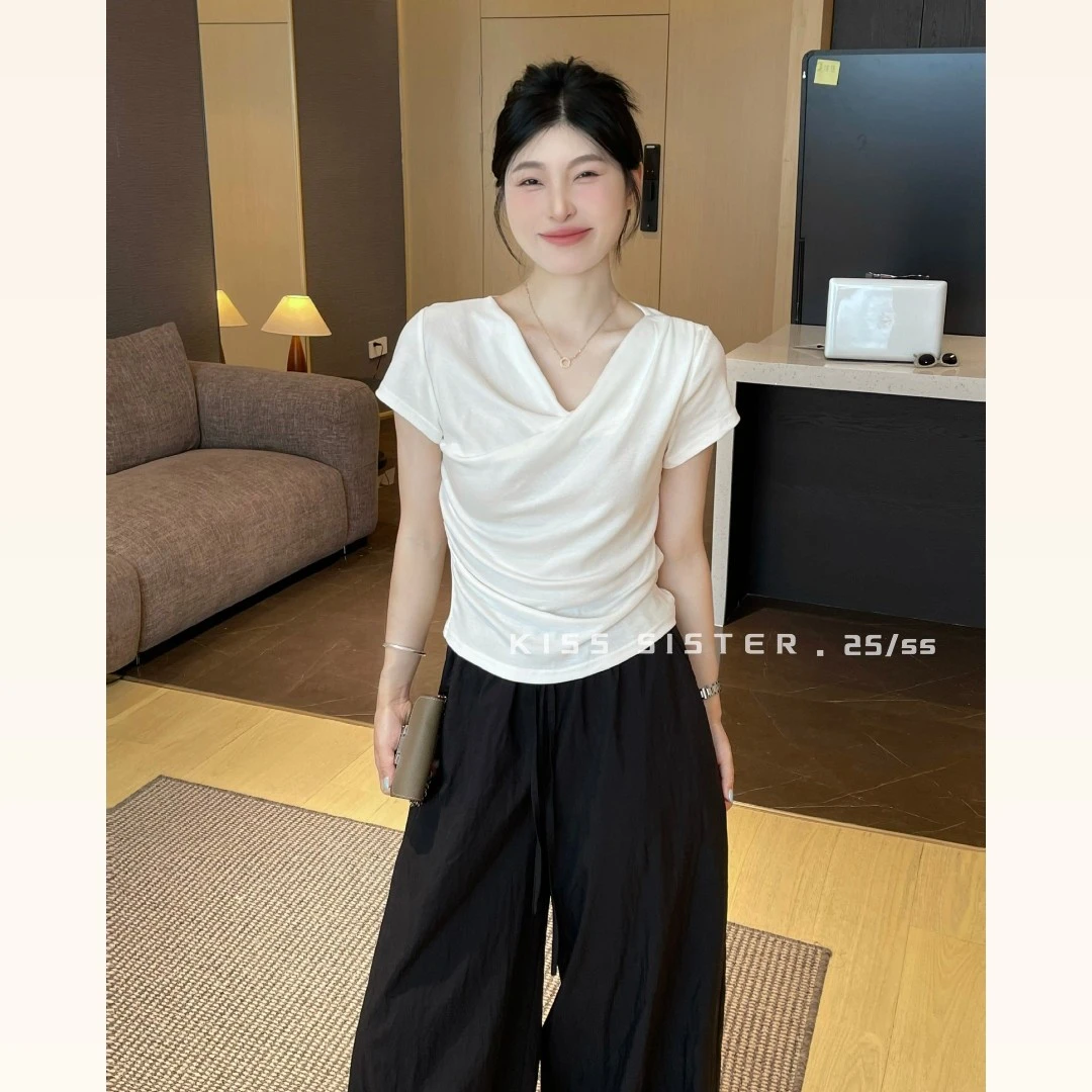 美树【KISS SISTER】夏日韩版不规则剪裁交叉V领短袖T恤 A1290#