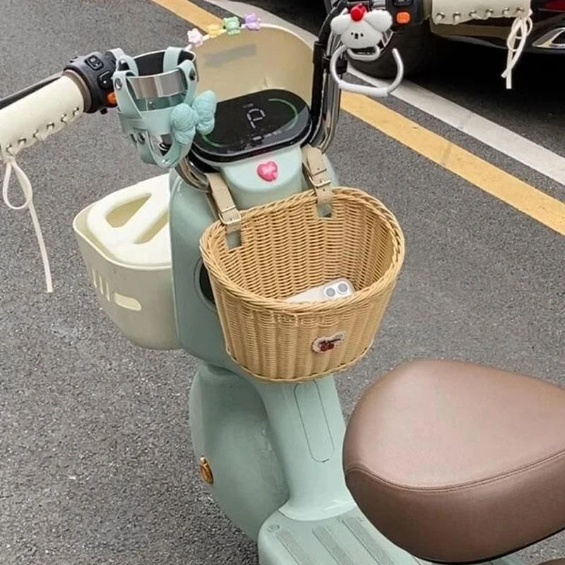 C电动车挂包前置藤编车筐电瓶车自行车通用款多功能置物收纳筐神