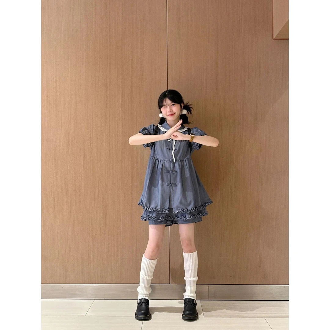 1252新中式套装女少女感甜美可拆卸娃娃领衬衫上衣半身裙裤两件套