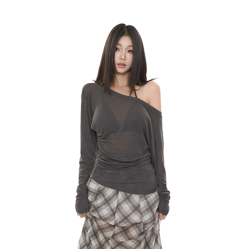 withmin【现货】凉皮 米兰艺术 显瘦斜肩长袖打底T恤上衣【2522264】