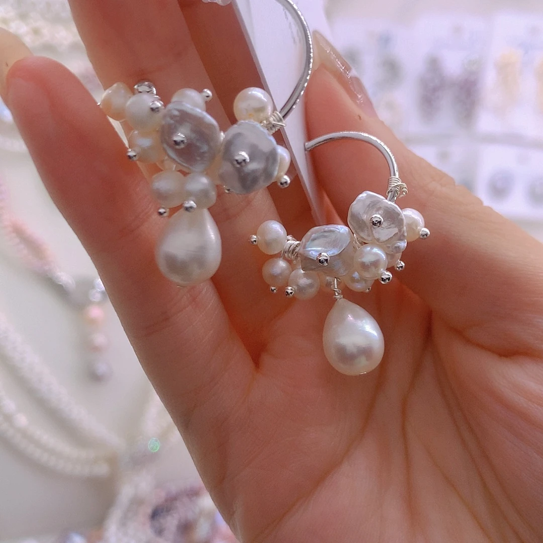 真***方未镶嵌淡水珍珠耳环