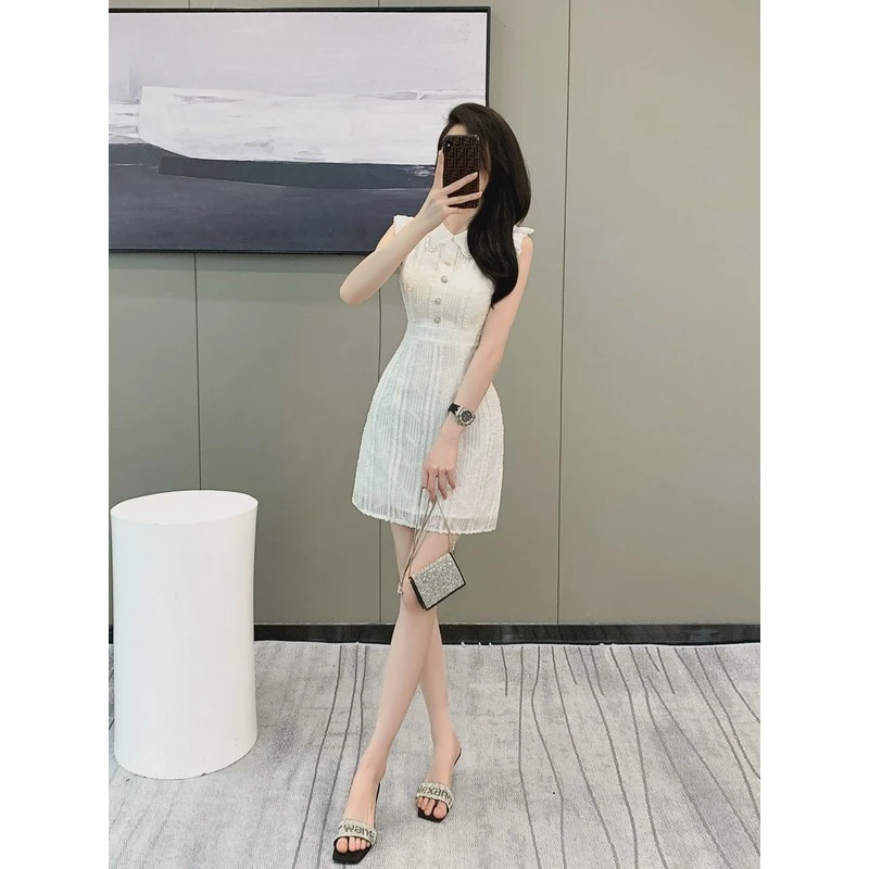 法式荷叶边连衣裙女夏季2025新款收腰显瘦气质高级感白色短款裙子