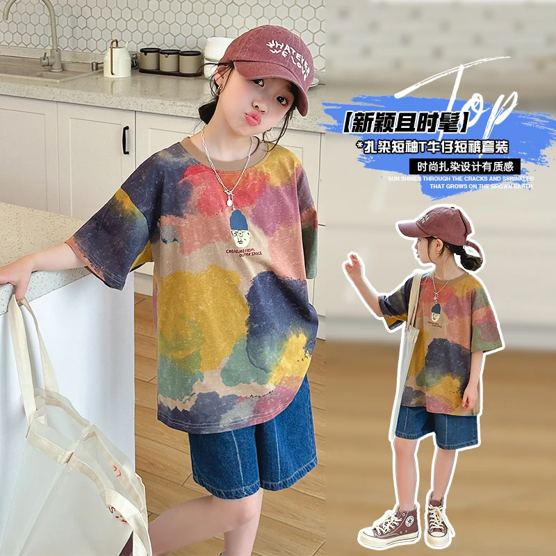 中国风时髦韩版童装夏季印花女宽松半袖中大童休闲风纯色套装