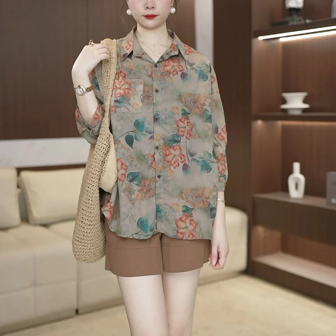 【绿野香】衬衫女夏季宽松气质印花上衣复古港味中袖防晒衬衣3067