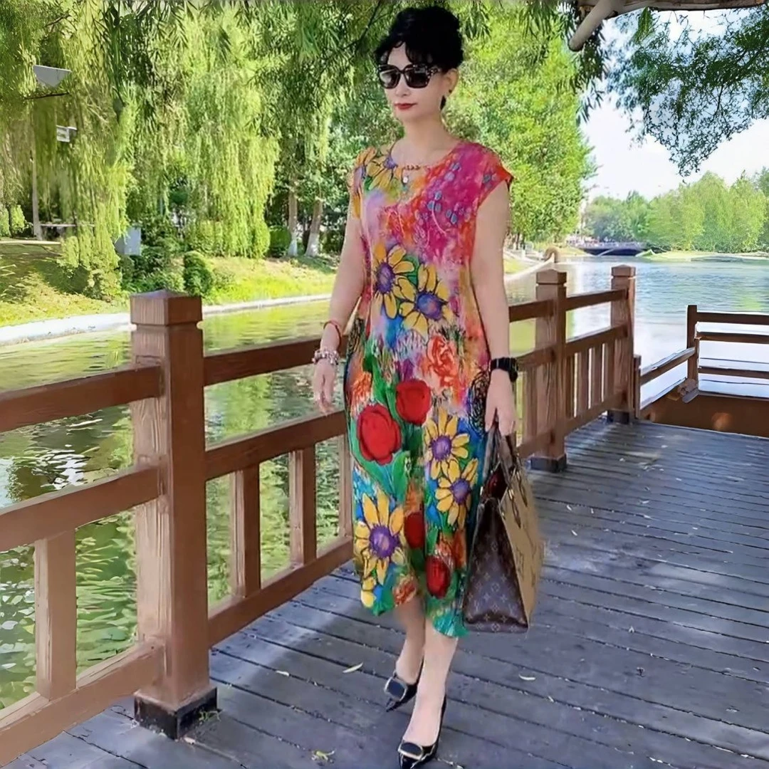 高端夏季短袖时尚天丝连衣裙气质妈妈减龄宽松大码碎花遮肉长裙子