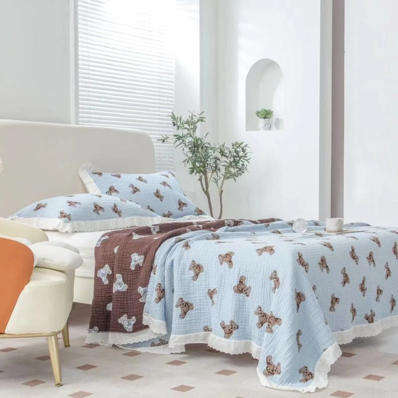 专享【京会社】花边纱布毯 纯棉纱布盖毯 顽皮熊蓝