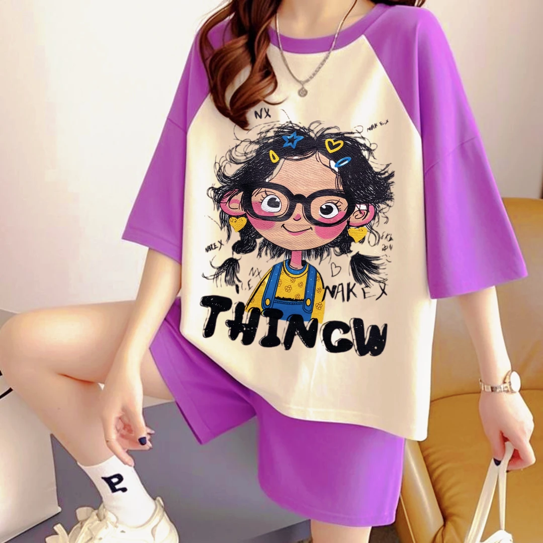 卡通美女夏季半袖套头常规宽松套装可家居可外穿遮肉显瘦