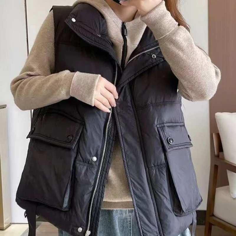 宽松百搭立领马夹外套女式通勤风拼接大口袋黑色无袖拉链棉服马甲