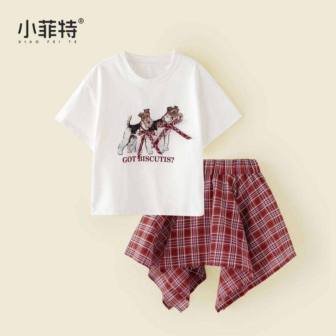 小菲特夏季套装新款女童洋气薄款短袖格子半身裙两件套BGTX51159