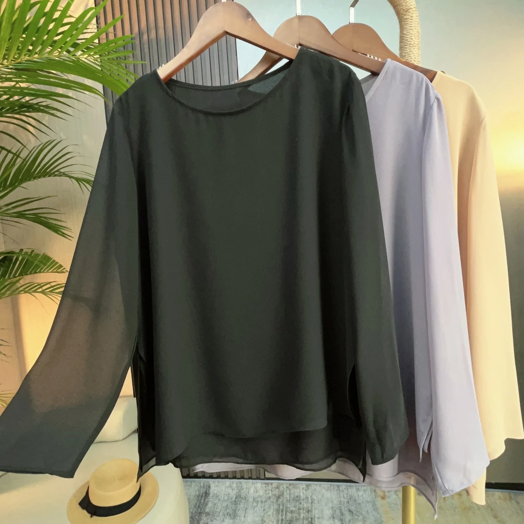 双层乔其纱长袖圆领遮肉显瘦打底衫春秋款
