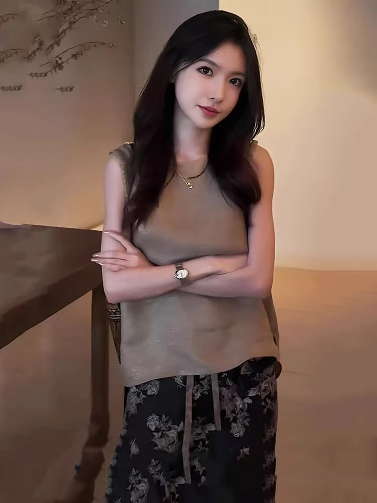 松弛慵懒感女装套装时尚圆领无袖上衣女休闲印花长裤两件套