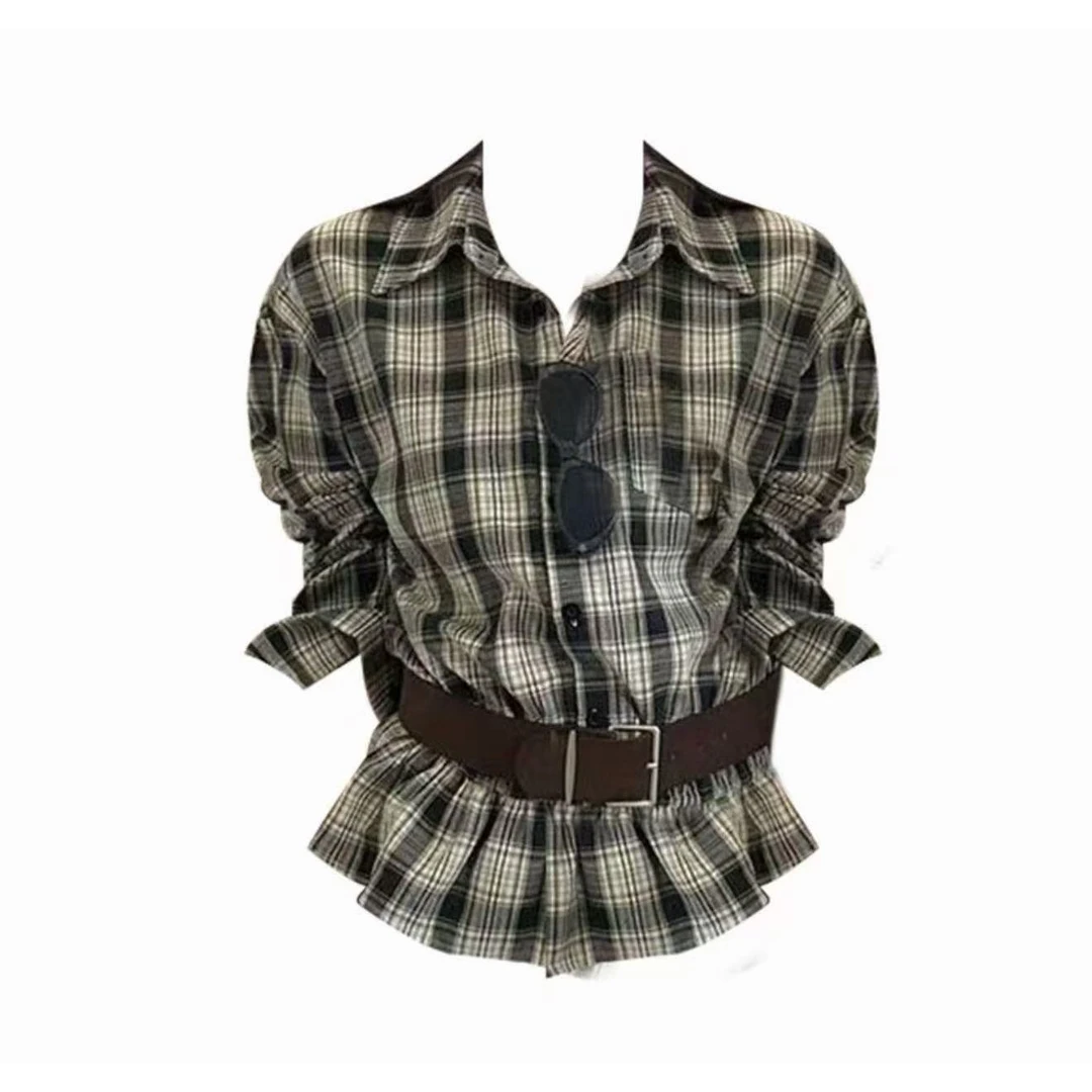 麦麦家的韩版翻领格纹收腰长袖衬衫带腰带