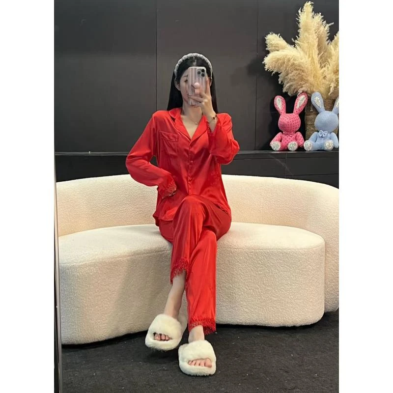 韩版四季休闲气红色设计师睡衣套装