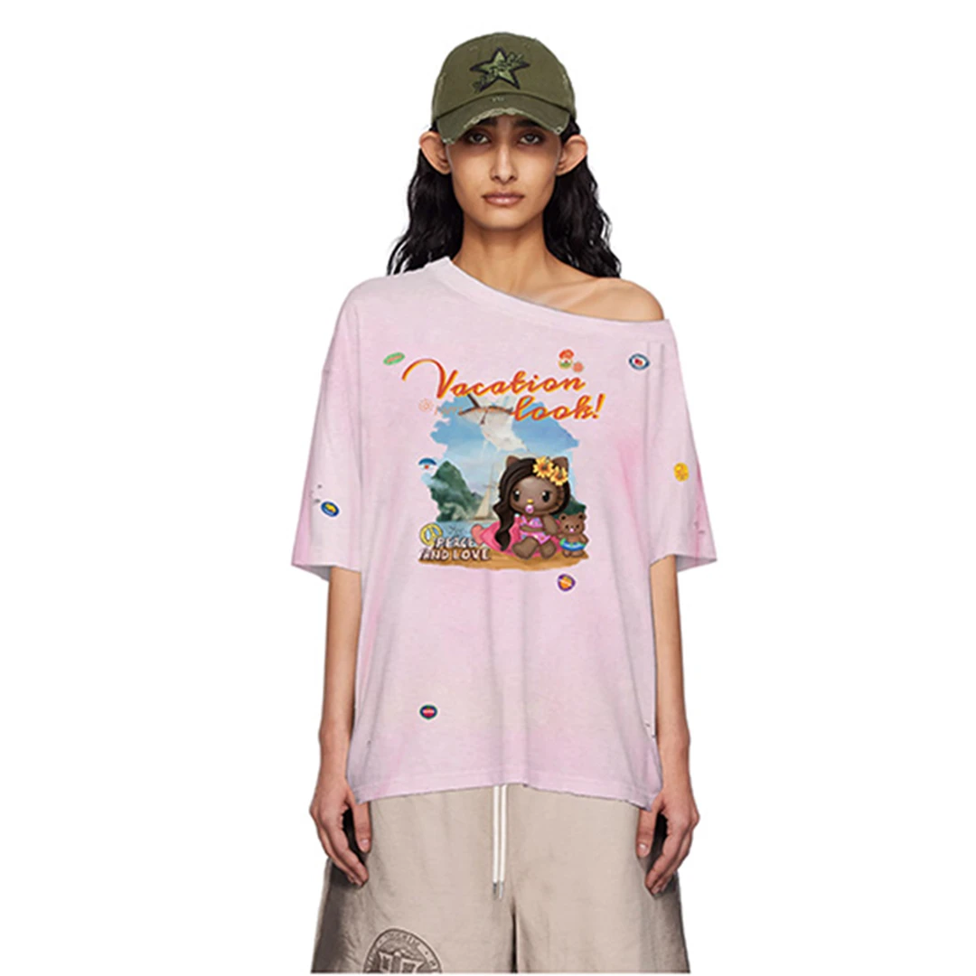 SELALAGU-OITMMTIO恶搞涂鸦度假短袖斜肩T恤