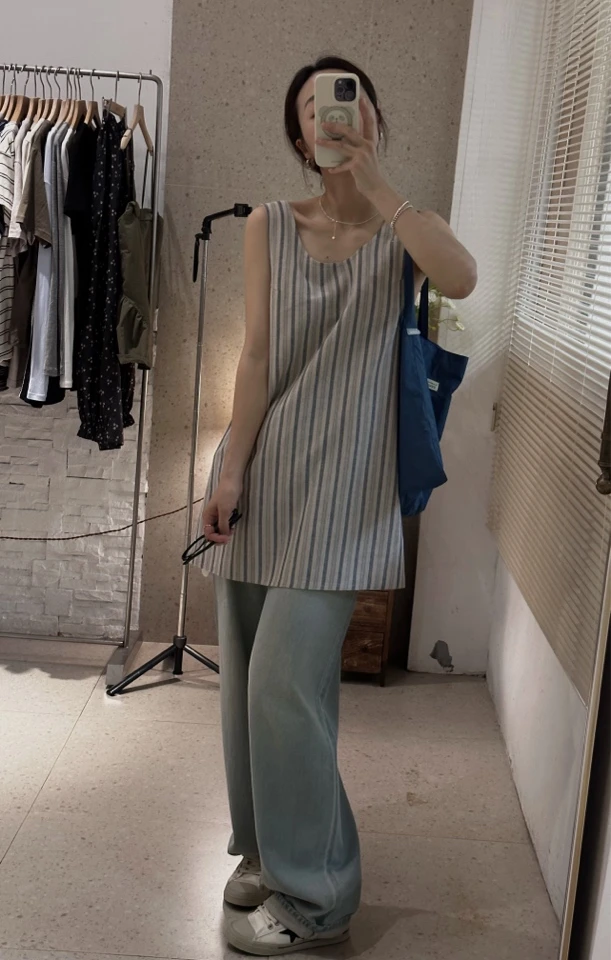 韩国my竖条复古色调带feel无袖上衣（no退no换）