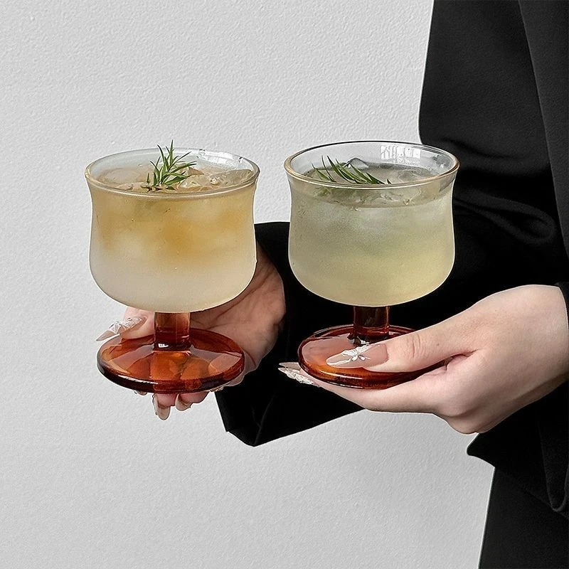 小众复古矮脚收腰玻璃杯ins风美式咖啡杯特调饮品杯冷饮杯果汁杯g