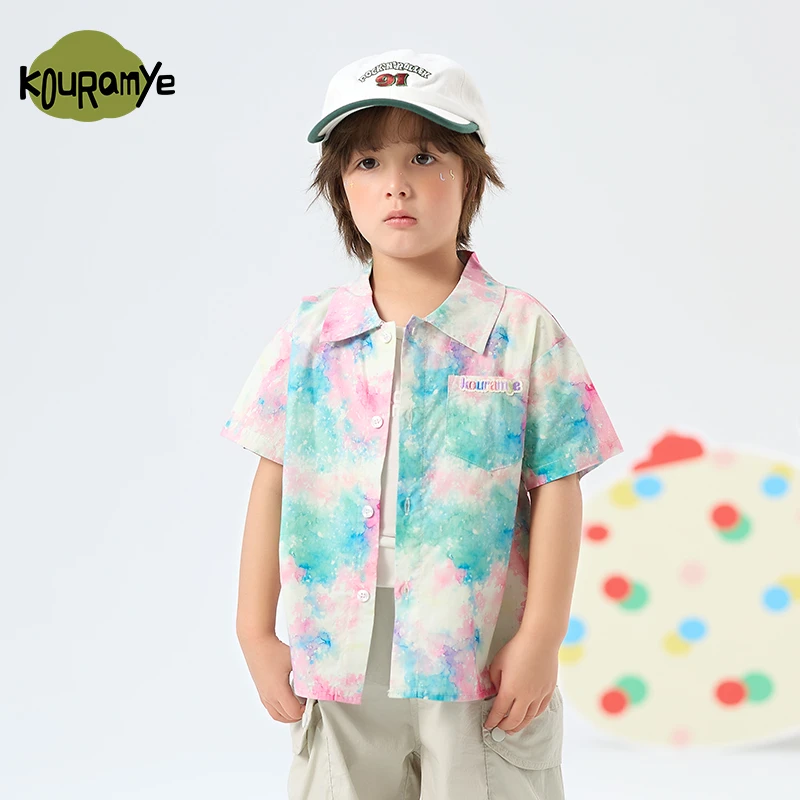 酷娃米2025年夏季新款中小童百搭扎染短袖衬衫20803
