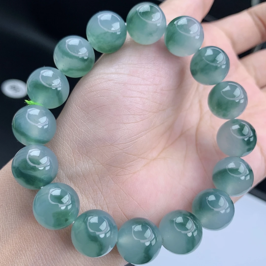 缅甸A货翡翠飘蓝花手串男士手链男款珠链单圈6T2卡13mm