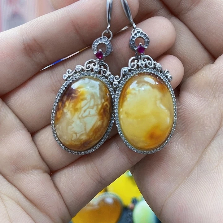 琥珀银S925镶嵌颈饰耳环