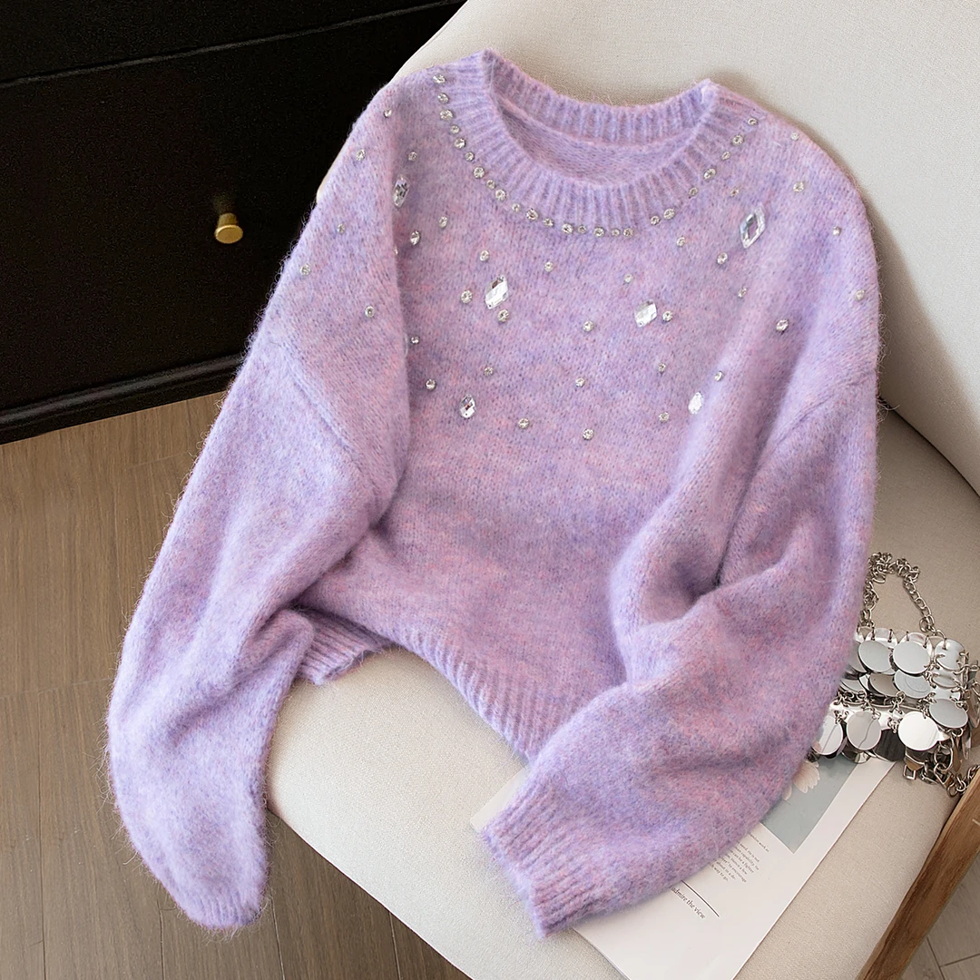 丝柏舍女韩系ins冬装新款简约圆领套头气质钉钻针织衫S53X7172Z