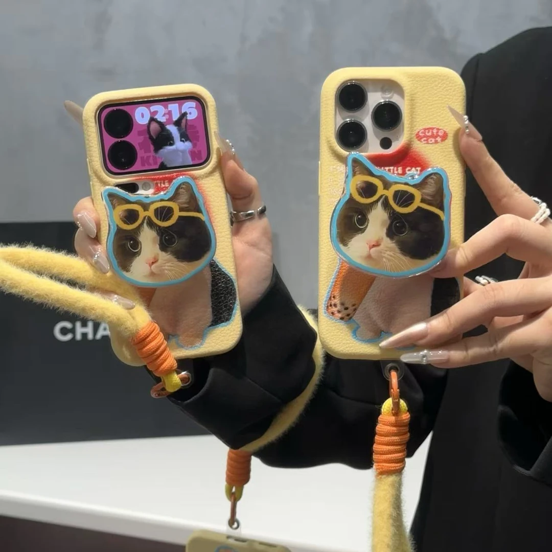 奶茶猫咪支架挂绳适用苹果17/16皮纹手机壳小米15vivo华为p70oppo