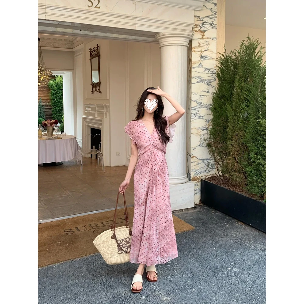 2025夏季新款时尚气质V领扎染收腰显瘦荷叶波点连衣裙洋气衣服女