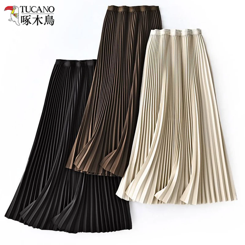TUCANO/啄木鳥秋冬新款毛呢百褶裙女高腰显瘦遮胯a字中长款半身裙