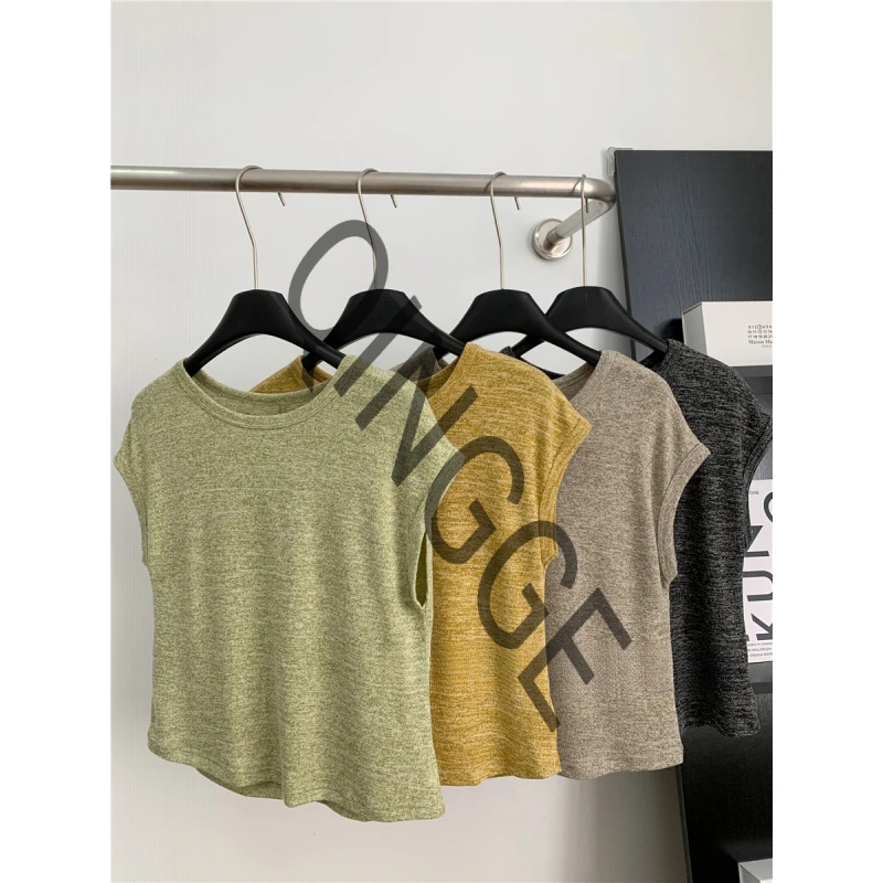 250424#夏款/简约休闲圆领塌肩针织短袖T恤女欧美流行显瘦打底衫