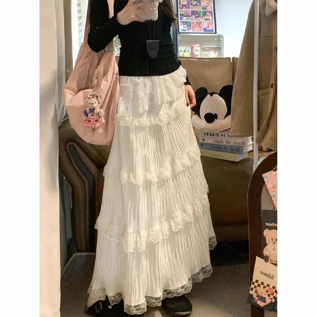 杏色芭蕾风丝绒蕾丝半身裙女2025秋冬季新款高腰显瘦蛋糕蓬蓬长裙
