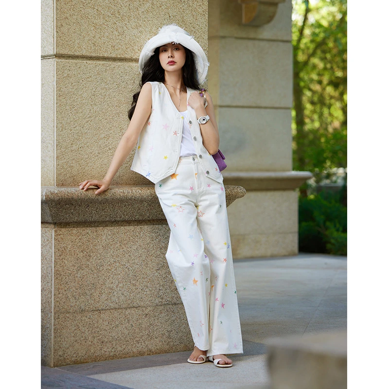 TRACYCHU七色星星款白色直筒牛仔裤百搭舒适千金洋气百搭老钱风款