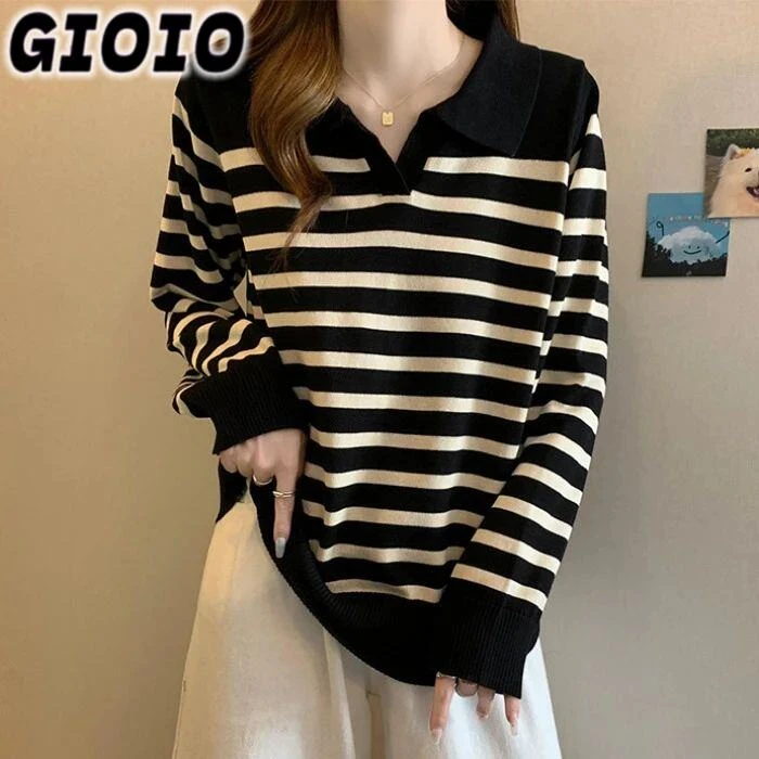 GIOIO宽松针织女百搭胖mm遮领肚子打底POLO新款大码显瘦条纹春秋