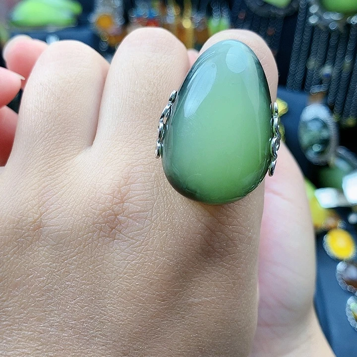 琥珀裸石银S925镶嵌戒指