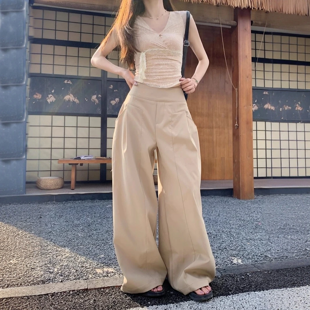 慵懒风裤子设计感卡其色休闲裤女夏季高腰显瘦宽松阔腿裤拖地长裤