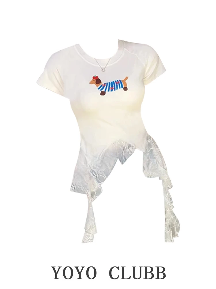 微胖mm小众法式插肩拼接流苏猫咪印花修身显瘦短款辣妹上衣