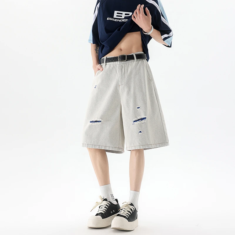 白灰色破洞软牛仔短裤男夏季薄款宽松直筒中裤潮牌美式水洗五分裤