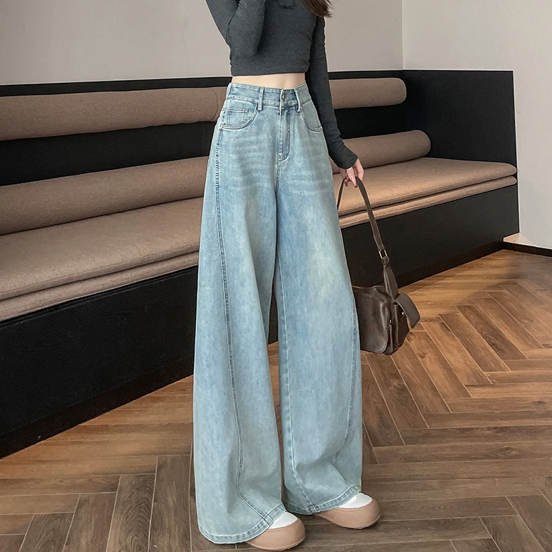浅蓝色阔腿牛仔裤女2025年春季新款宽松垂感高腰直筒显瘦拖地裤子