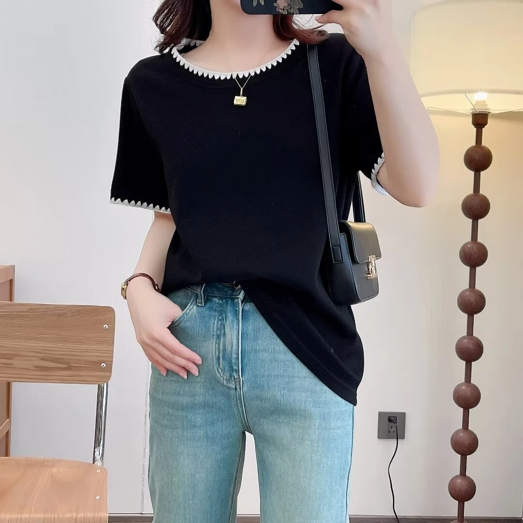 CONG8968拼色花边圆领短袖T恤大码女装休闲百搭上衣胖mm套头衫夏