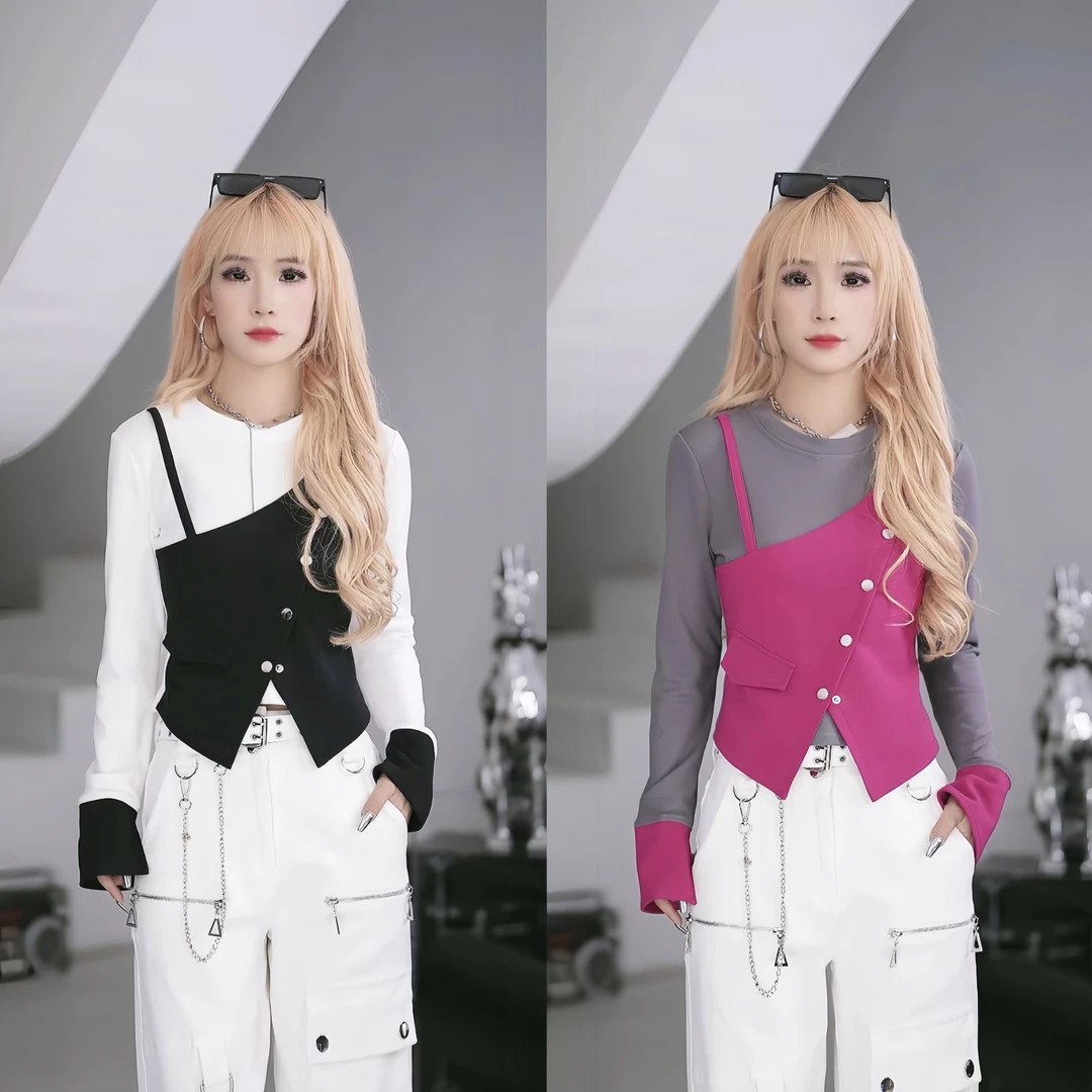 【笑姐定制】D9A602 原创春季新款假两件撞色拼接铆钉设计长袖