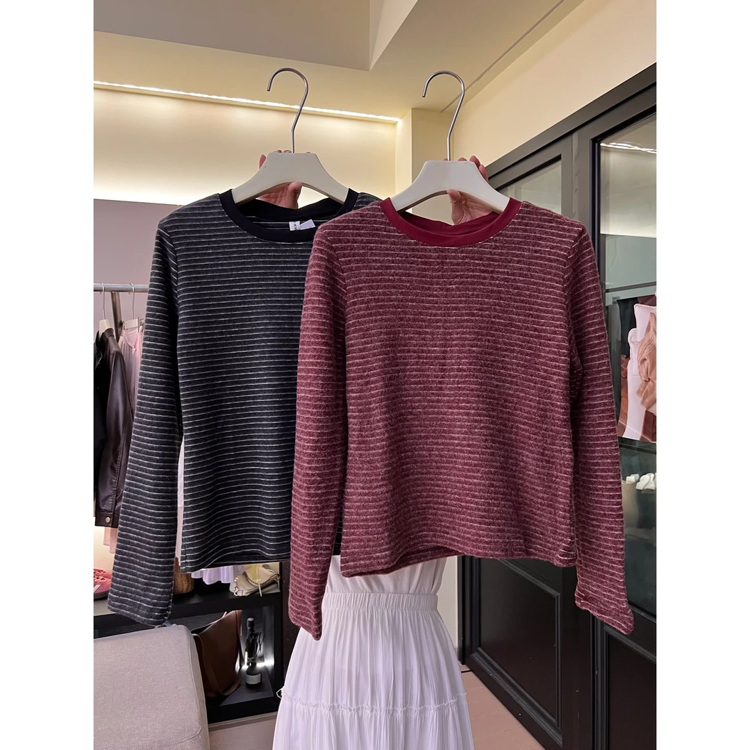 【柜-259】A63条纹打底衫女双面德绒秋冬修身百搭长袖T恤内搭上衣
